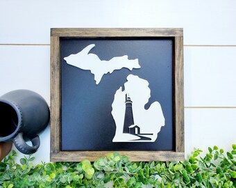 Rustic Michigan Lighthouse Sign: 3D MI Home Decor