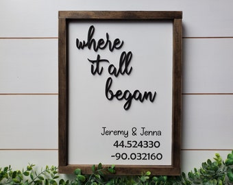 Where It All Began Sign | Wood Framed Farmhouse Sign | Home Coordinates Sign | Rustic Home Decor | Housewarming Gift Idea | Family Sign