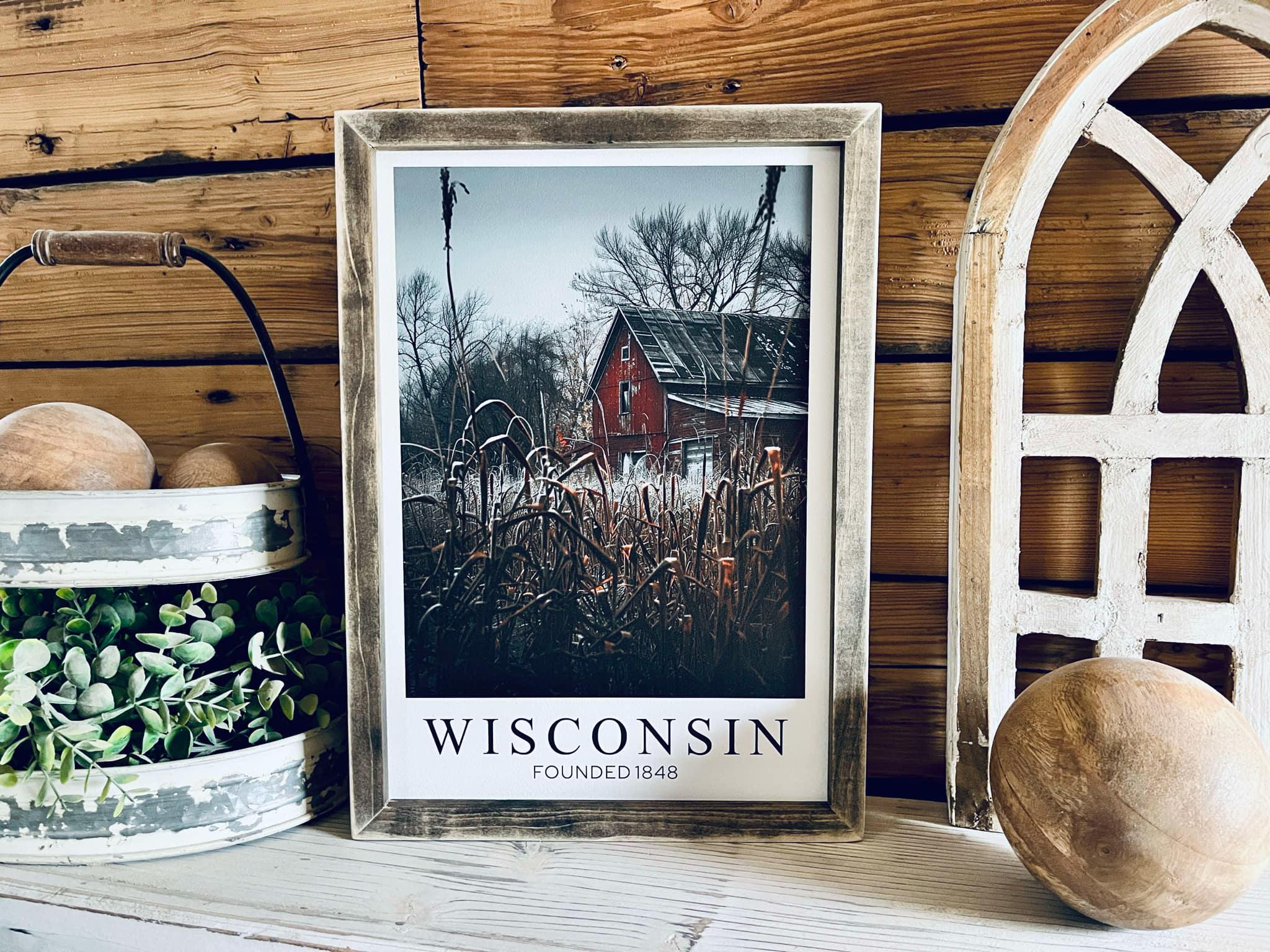 Wisconsin Barn Framed Wood Print | Cabin Decor | Nature-Inspired Wisconsin Gift | Wooden UV Printed Design