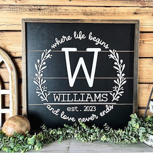 May include: A black wooden sign with white lettering that reads "Where life begins and love never ends." The sign also features a large white letter "W" surrounded by a wreath of leaves and the text "Williams est. 2023".