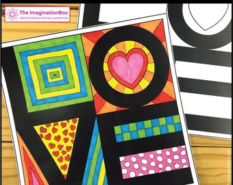 Dibujos para colorear de arte pop de San Valentín: Imprimibles para hacer tarjetas (Descarga digital)