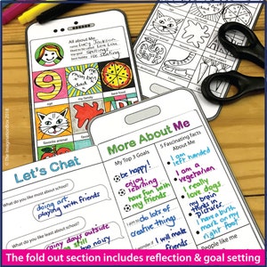 May include: A printable 'All About Me' activity for kids. The activity features a phone-shaped template with a grid of squares for kids to fill in information about themselves, including their name, favorite animal, and hobbies. The activity also includes a 'Let's Chat' section with prompts for kids to write about their favorite and least favorite things about school. The activity also includes a 'More About Me' section with prompts for kids to write about their top three goals and five fascinating facts about themselves.
