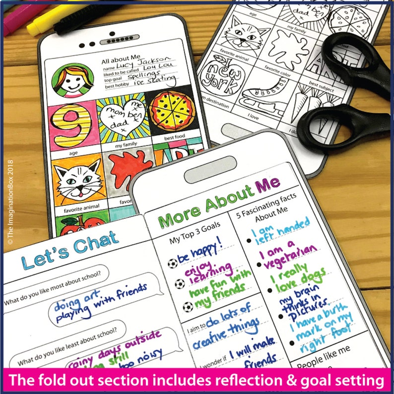 May include: A printable 'All About Me' activity for kids. The activity features a phone-shaped template with a grid of squares for kids to fill in information about themselves, including their name, favorite animal, and hobbies. The activity also includes a 'Let's Chat' section with prompts for kids to write about their favorite and least favorite things about school. The activity also includes a 'More About Me' section with prompts for kids to write about their top three goals and five fascinating facts about themselves.