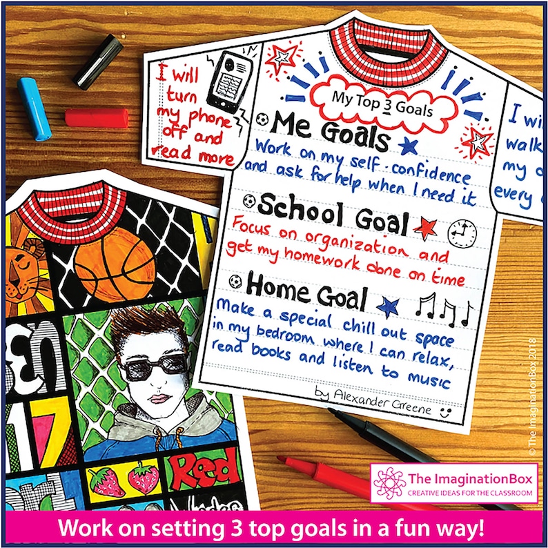 Puede incluir: Una hoja de trabajo imprimible para establecer objetivos, dise&ntilde;ada para parecer una camiseta. La hoja de trabajo tiene un dise&ntilde;o colorido e incluye el texto "Mis 3 objetivos principales", "Mis objetivos", "Objetivo escolar" y "Objetivo personal".