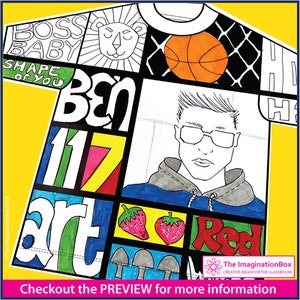 Puede incluir: Un dibujo en blanco y negro de una camiseta con varios dise&ntilde;os y palabras, incluyendo "Boss Baby", "Shape of You", "Ben", "117", "art", "Red", y una pelota de baloncesto. La camiseta est&aacute; sobre un fondo amarillo.