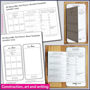May include: Black and white printable template for a booklet shaped like a smartphone. The booklet is titled "All About Me" and includes sections for "All About Me", "Let's Chat", and "More About Me".