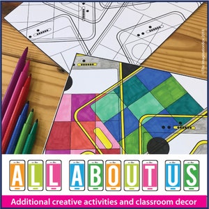 May include: A colorful printable activity pack with the text "ALL ABOUT US" in a phone shape. The pack includes coloring pages and other creative activities for kids.