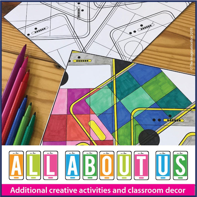 May include: A colorful printable activity pack with the text "ALL ABOUT US" in a phone shape. The pack includes coloring pages and other creative activities for kids.