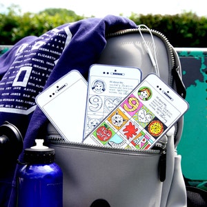 May include: Three colorful phone-shaped cards with a white background and black outlines. The cards have a variety of drawings and text, including "All about Me", "Lucy Jackson", "Spellings", "Ice Skating", "New York", "Art", and "Best Food".