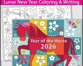 Jaar van het paard Kleurplaten en creatief schrijven, nieuw maanjaar 2026