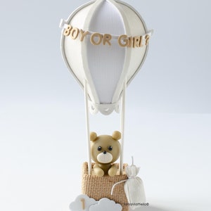 Cake Topper Battesimo, Orsetto in Mongolfiera in Tortora e Bianco, Mongolfiera in Colori Neutri, Cake Topper Battesimo, Cake Topper Nascita