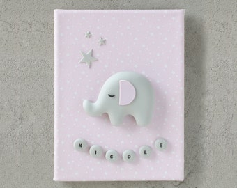Gepersonaliseerde babymeisjeskamerfoto met naam, babymeisjesgeboortefoto, olifantengeboortefoto, babymeisjesgeboortecadeau-idee