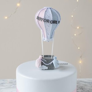May include: A white cake with a pink and blue ribbon around the bottom. On top of the cake is a hot air balloon with the words "Boy or Girl?" on the side. The balloon is made of fabric and has a gray basket with two small pink and blue bags hanging from it.