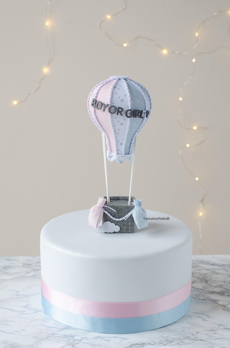 May include: A white cake with a pink and blue ribbon around the bottom. On top of the cake is a hot air balloon with the words "Boy or Girl?" on the side. The balloon is made of fabric and has a gray basket with two small pink and blue bags hanging from it.