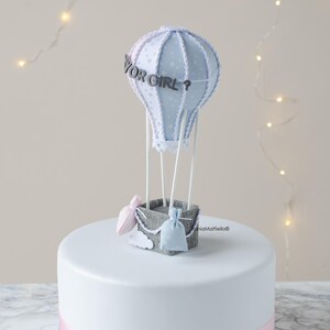 May include: A white cake with a blue and pink ribbon around the bottom. On top of the cake is a blue and white hot air balloon with the words "Boy or Girl?" on it. There are two small bags in the basket of the balloon, one pink and one blue.