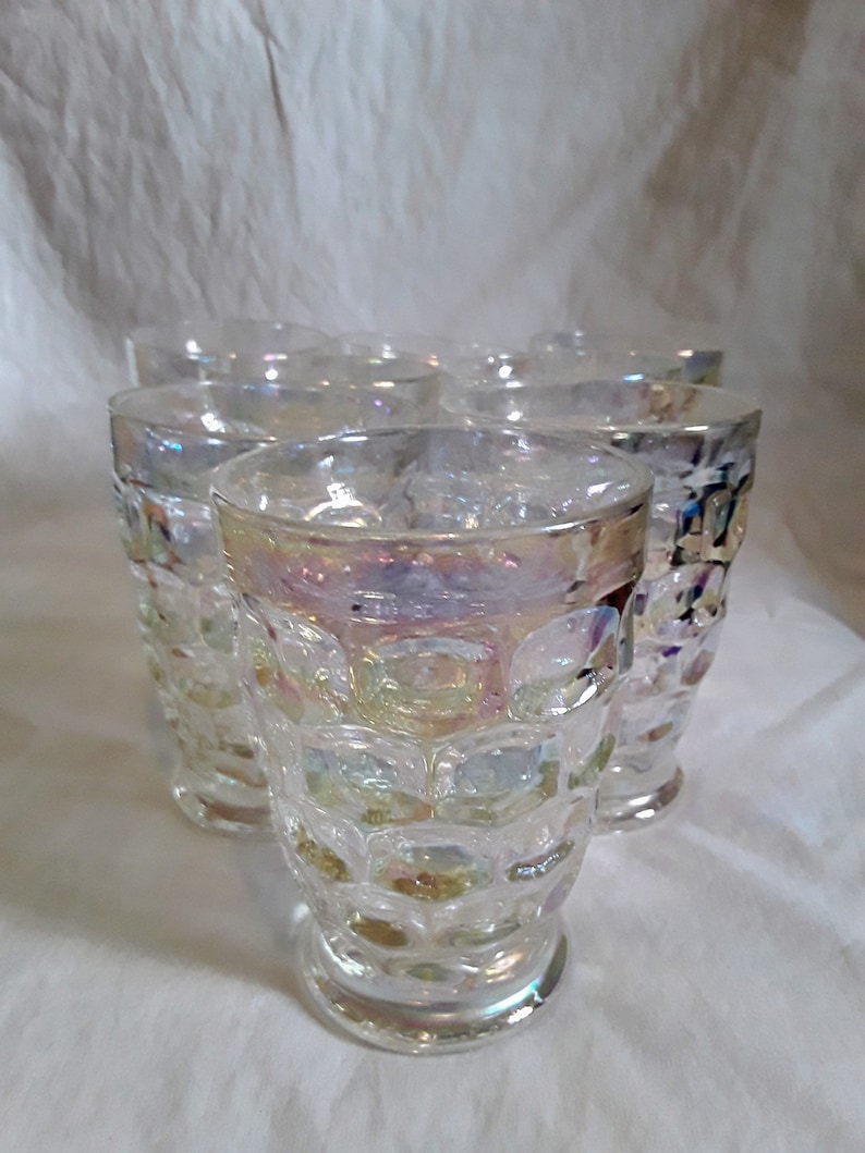 Vintage federal glass/irridescent thumb print glasses/set of 8/water glasses/juice glasses/beverage glasses/8irridescent shiny glasses image 1
