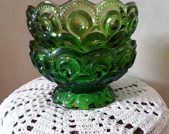 LE Smith/vintage green glass/moon and stars pattern green glass pedestal bowls/set of 2 green glass bowls/green glass dishes 2 1/2 x 4 1/2