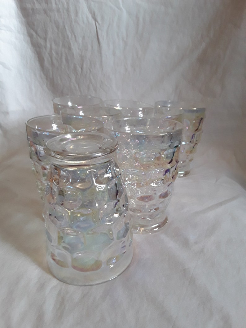 Vintage federal glass/irridescent thumb print glasses/set of 8/water glasses/juice glasses/beverage glasses/8irridescent shiny glasses image 3