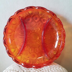 Vintage/LE Smith/Amberina/moon and stars pattern round sectioned dish/relish tray/serving dish/orange and yellow glass dish/10 inches across