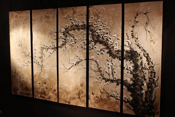 Metallic Silver Japanese Calligraphy Sakura Tree Painting Etsy
