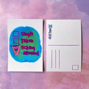 Single, Taken, Licking Around Postcard | Empowering Feminist Art, Parody, Female Body Art, Punny Gift, Watercolor, Lesbian Gift for Her