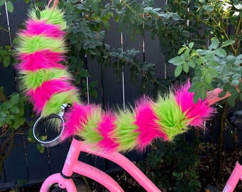 reUSEable Pink and Green Striped HANDLEBAR bits Faux Fur - 2 wrap pieces