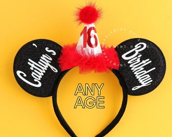 16th Birthday Ear, Party Hat Mickey Ears, Sweet 16 Minnie Ears, Custom Design Mouse Ears headband, Red and Black Ears for Kids & Adults
