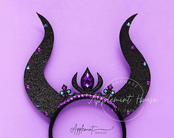 Malficent Crown Headband, Halloween Costume, Glitter Black and Purple Crown with Horns Mistress of Evil Headpiece for Girls, Kids & Adults