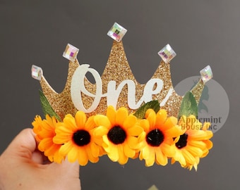 Birthday Sunflowers Crown , Birthday Custom Crown, Birthday Girl Crown, Personalized crown Headband, Flowers Party Crowns for kids toddlers
