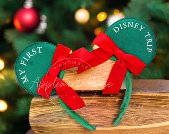 Christmas Custom Mickey Ears, Coquette Ribbon Bow Minnie Headband, Personalized Christmas Mouse Ear Gift for Kids and Adults, Long Tail Bow