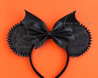 Goth Mickey Ears, Bat Bow Spikes Mouse Ears, Halloween Ears, Minnie Ears, Black Bat Bow Mickey Ears, Goth Spikes Glitter Minnie Ears