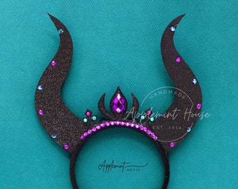 Malficent Crown Headband with Horns, Halloween Costume, Glitter Black and Purple Crown, Mistress of Evil Headpiece for Girls, Kids & Adults