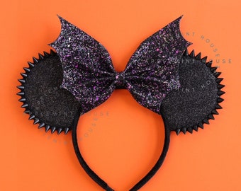 Goth Mickey Ears, Bat Bow Spikes Mouse Ears, Halloween Ears, Minnie Ears, Black Bat Bow Mickey Ears, Goth Spikes Glitter Minnie Ears