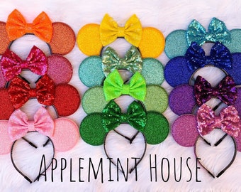 Custom Color Minnie & Mickey Ears, Mouse Ears Headband, Glitter Minnie Ears, Mouse Ears headband, Solid color Ear, birthday Gift kids adults