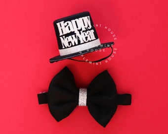 New Years Eve Hat, 2024 New born Top Hat, New born photo prop Mini top hat, Happy New Years, silver and black 2023 New years headband