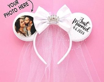 Bride Wedding Photo Ears,  Mickey Ears, Engagement photo Mouse ears, Bride Minnie Ears, Custom Photo Minnie ears, Bride & Groom Ears