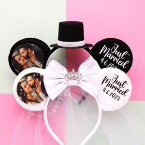 Bride Mouse Ears with Custom Photo, Mickey Ears, Groom Minnie ears, Wedding Anniversary Ears Gift, Engagement Ears, Mouse Ears Headband