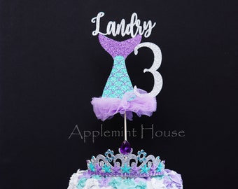 Mermaid Birthday Cake topper, Personalized Princess Cake Centerpiece, Mermaid Tail Topper with Name & Ages, glitter cake decor with Tutu