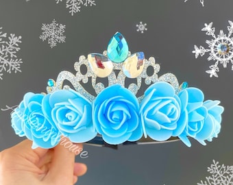 Ice Queen Crown, Flower Headband, blue flower Crown, Princess Crown, Birthday Crown, Princess Costume Crown, Glitter Silver Crown