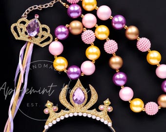 Rapunzell Dress Up Crown Set, Princess Tiara, Birthday Headband, Wand & Jewelry for Kids, Teens and Adults, Halloween Cosplay Hair Accessory
