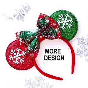 Mouse Ears Christmas Headband | Red and Green Mickey Ears with Snowflakes | Holiday Minnie Ears for Kids and Adults | Peppermint Antlers