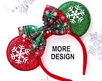 Mouse Ears Christmas Headband | Red and Green Mickey Ears with Snowflakes | Holiday Minnie Ears for Kids and Adults | Peppermint Antlers