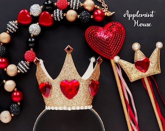 Queen Of Hearts Crown, Queen Of Hearts Kostuumkroon, Verjaardagskroon, Glitterkroon met harthoofdband, Queen Of Hearts Accessoires