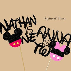 Custom Mickey Minnie Cake Topper, Personalized Name Is One Two, Glitter Party Picks, Boy Girl 1st 2nd Birthday Mouse Centerpiece Decor