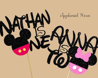 Custom Mickey Minnie Cake Topper, Personalized Name Is One Two, Glitter Party Picks, Boy Girl 1st 2nd Birthday Mouse Centerpiece Decor