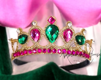 Anna Gold Crown for Kids & Adults, Princess Girl Headband, Anna Dress up Crown, Birthday Glitter Tiara with Hot Pink and Green Accents