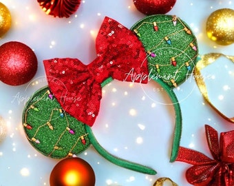 Christmas Lights Ball Mickey Ears, Christmas Minnie ears, Red and Green Holiday Ears for Adults & Kids, Christmas Gift, Mouse ears headband