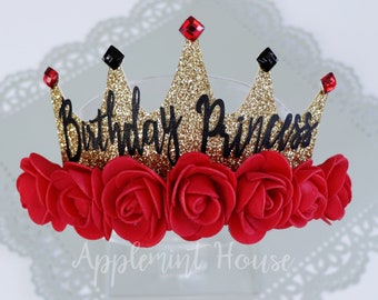 Personalized Birthday Crown, Custom Floral Glitter Headband for Girls, Babies & Kids, ㅠBlack and Red Elastic Headband, Perfect Gift for Her