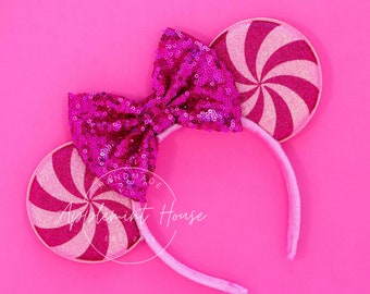 Pink Peppermint Candy Mouse Ears, Mickey Christmas Ears, Minnie Ears, Christmas Swirl Mickey Headband for Adults and Kids, Christmas Gift