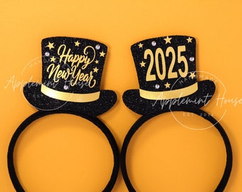 New Years Eve Party Hat Headband, 2025 Top Hat Design, Black Gold Crown, Happy New Year Tiara, 2025 New Year Accessories for Kids & Adults